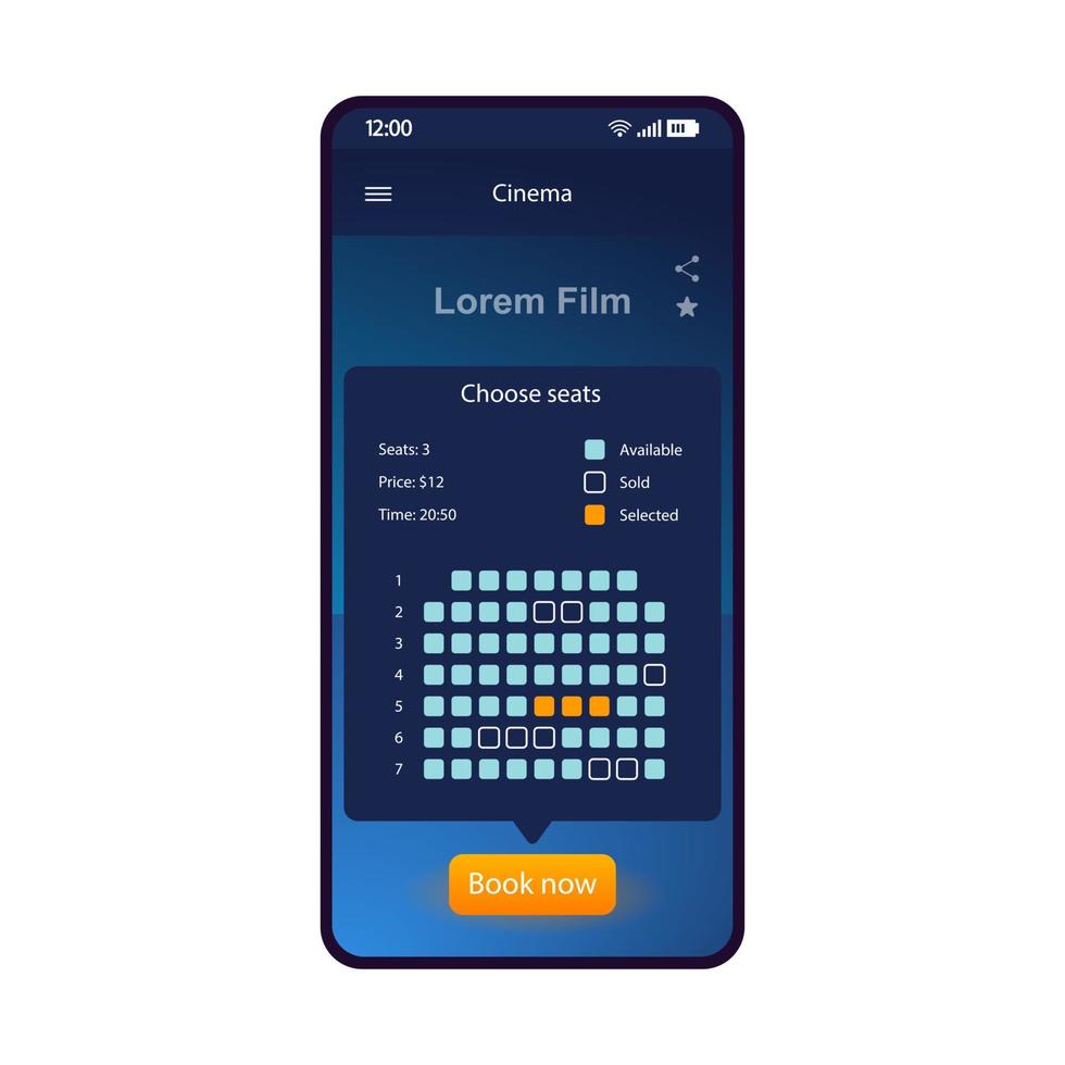 bilhetes de cinema reserva modelo de vetor de interface de smartphone. layout de design azul da página do aplicativo móvel. tela de seleção de assentos de cinema. interface do usuário plana para aplicação. compra de ingressos para shows. visor do telefone