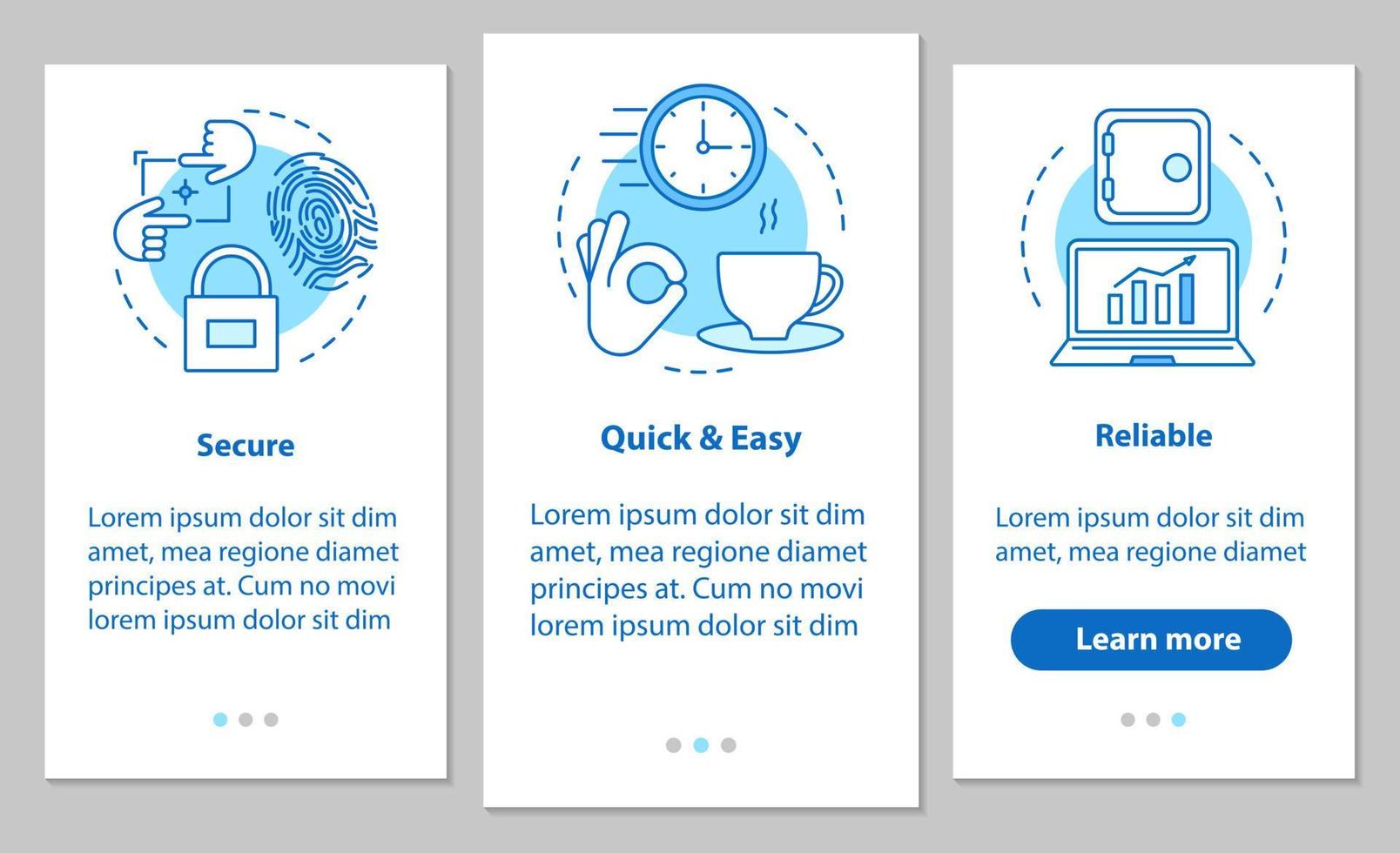 serviços digitais integrando a tela da página do aplicativo móvel com conceitos lineares. softwares de negócios. segurança, inicialização rápida e fácil, instruções gráficas de etapas de serviço confiáveis. ux, ui, ilustração vetorial gui vetor