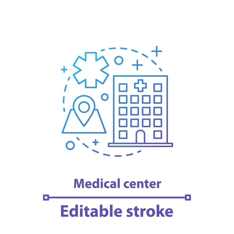 ícone do conceito de centro médico. clínica, hospital. ilustração de linha fina de ideia de medicina e saúde. desenho de contorno isolado de vetor. traço editável vetor