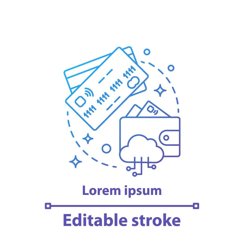 ícone do conceito de pagamento eletrônico. cartões de crédito e ilustração de linha fina de ideia de carteira digital. transação de dinheiro online. pagamentos online sem dinheiro. desenho de contorno isolado de vetor. traço editável vetor