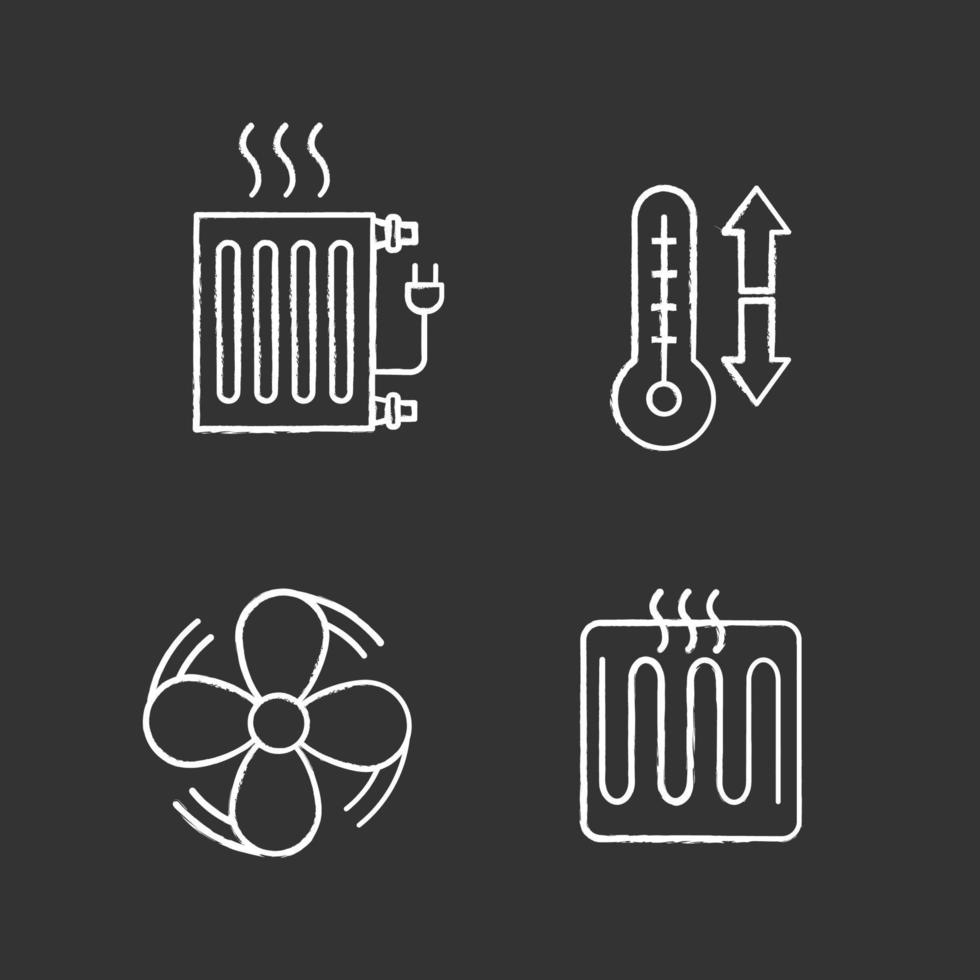 conjunto de ícones de giz de ar condicionado. radiador elétrico, controle climático, exaustor, elemento de aquecimento. ilustrações de quadro-negro vetoriais isolados vetor