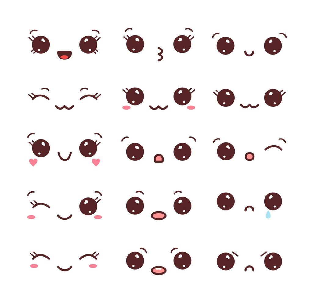 coleção de rostos kawaii isolados no fundo branco. conjunto de olhos e bocas kawaii com emoções diferentes. ilustração vetorial vetor