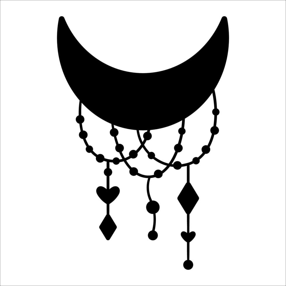 silhueta crescente de vetor boho com pingentes. ícone de meia lua horizontal preto boêmio isolado no fundo branco. ilustração de sombra ornamentado celestial com estrelas.