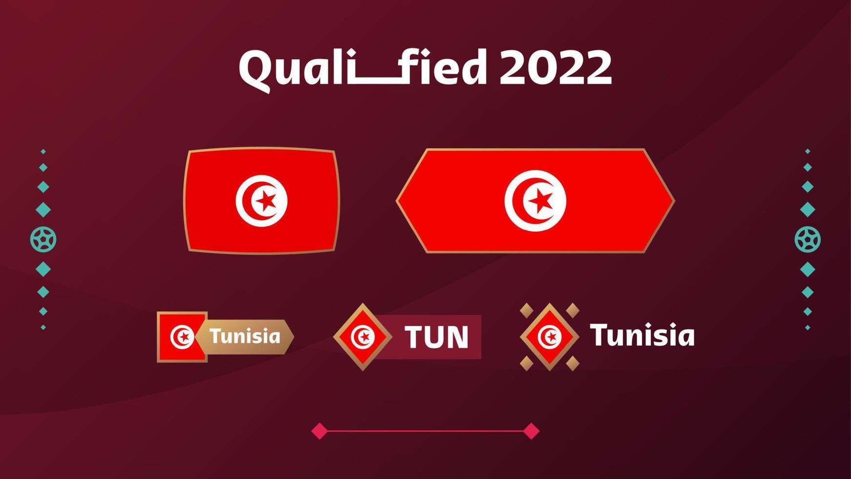 conjunto de bandeira da tunísia e texto no fundo do torneio de futebol de 2022. padrão de futebol de ilustração vetorial para banner, cartão, site. bandeira nacional tunísia vetor