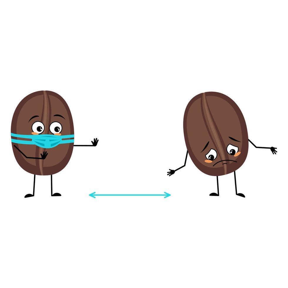 personagem de feijão de café com rosto em máscara médica mantém distância, braços e pernas. pessoa de comida com expressão e pose de cuidado. ilustração vetorial plana vetor