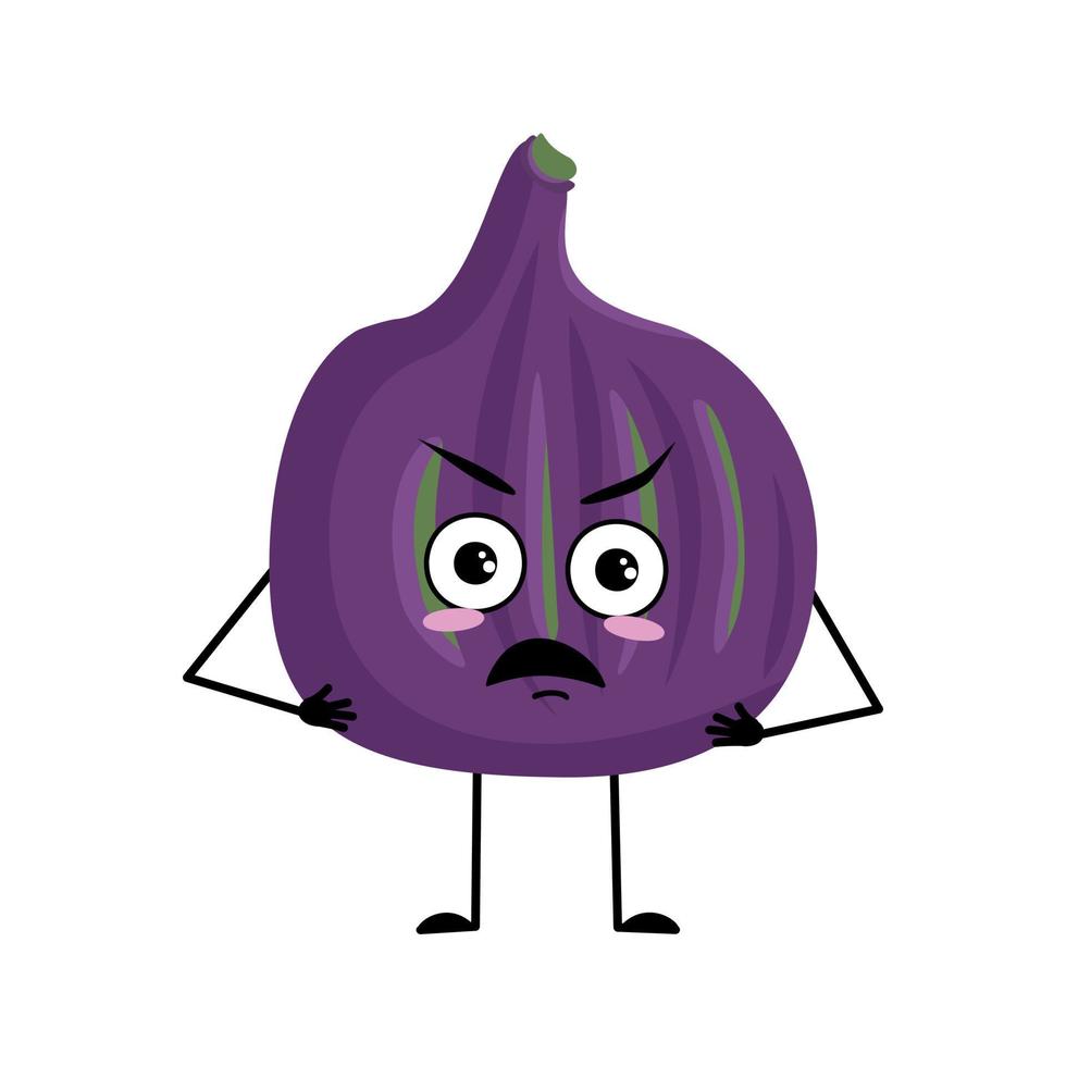 personagem de figo com emoções de raiva, cara mal-humorada, olhos furiosos, braços e pernas. pessoa com expressão irritada, emoticon de fruta violeta. ilustração vetorial plana vetor