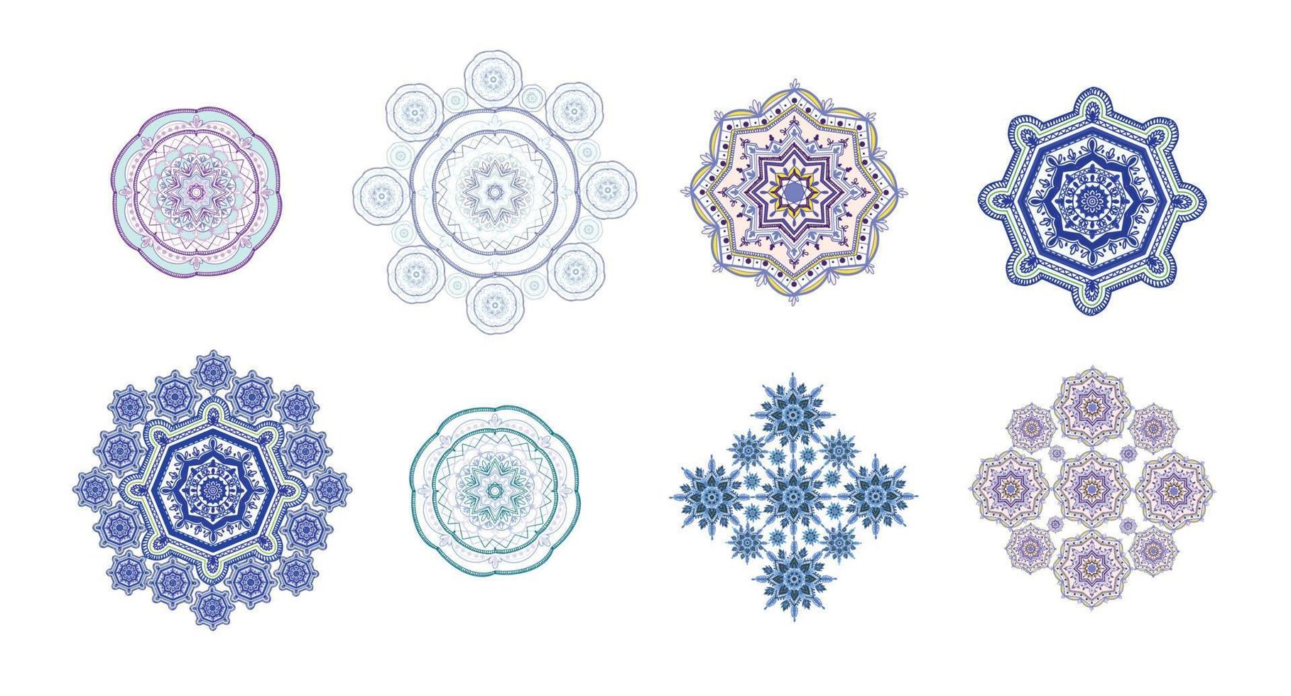 conjunto de mandalas florais em cores azuis, padrão étnico floral, floco de neve, ornamento, vetor