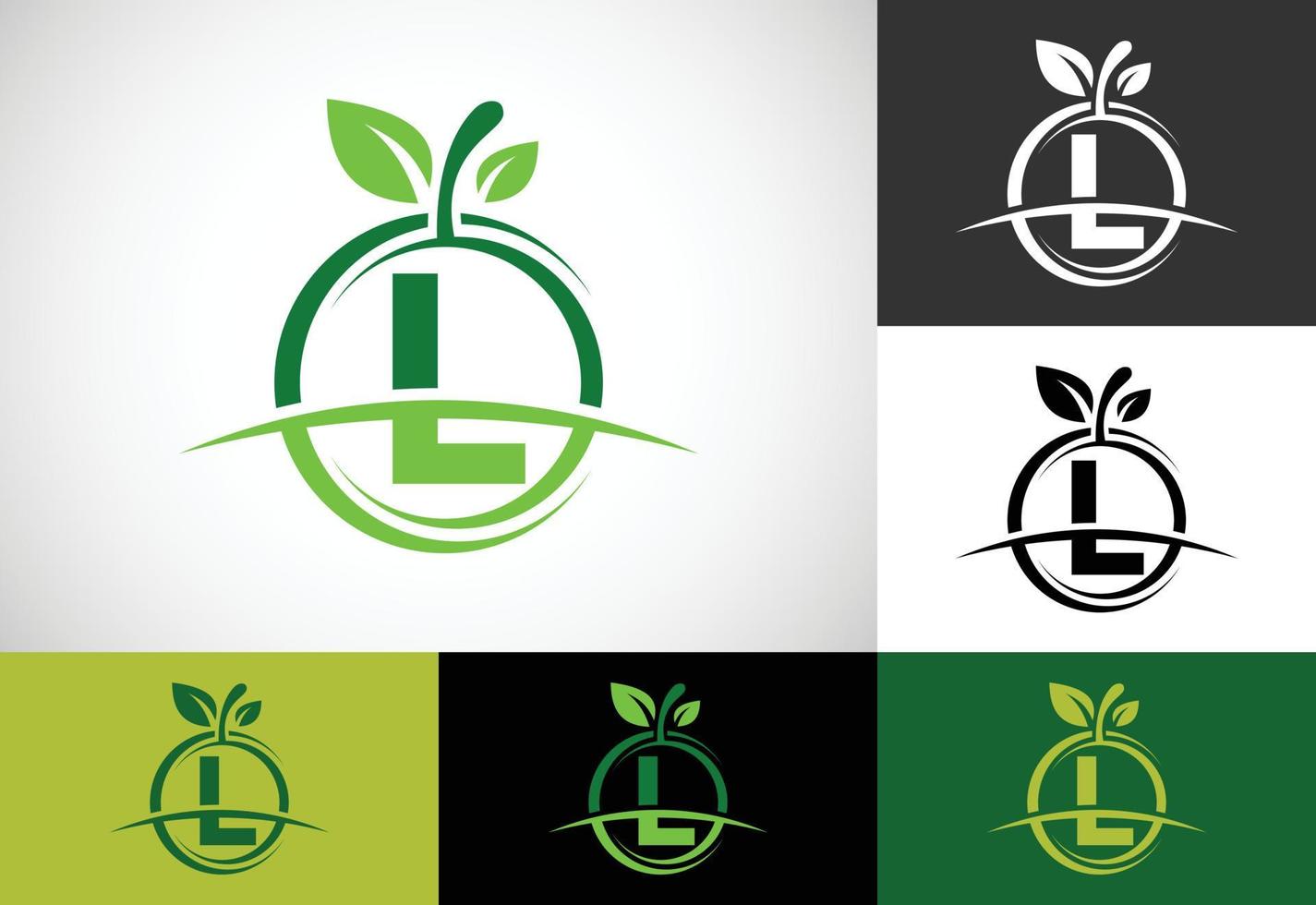 alfabeto do monograma inicial l com o logotipo abstrato da maçã. vetor de design de logotipo de comida saudável