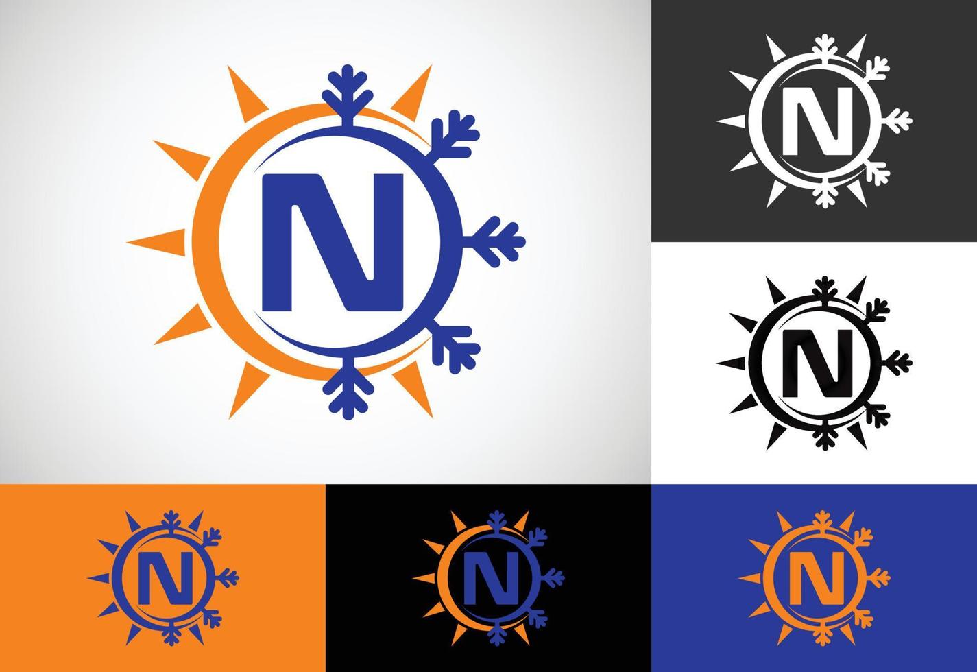 alfabeto inicial do monograma n com sol e neve abstratos. símbolo de sinal de logotipo de condicionador de ar. símbolo quente e frio. vetor