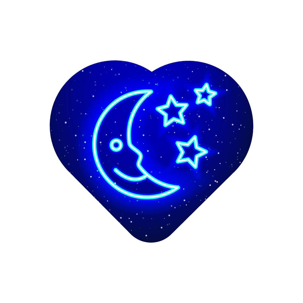 neon azul smiley lua e ícone de estrela. lua de neon céu realista, ícone estrela feliz natal. ícone de lua sorridente à noite no coração de néon. isolado no fundo branco. vetor