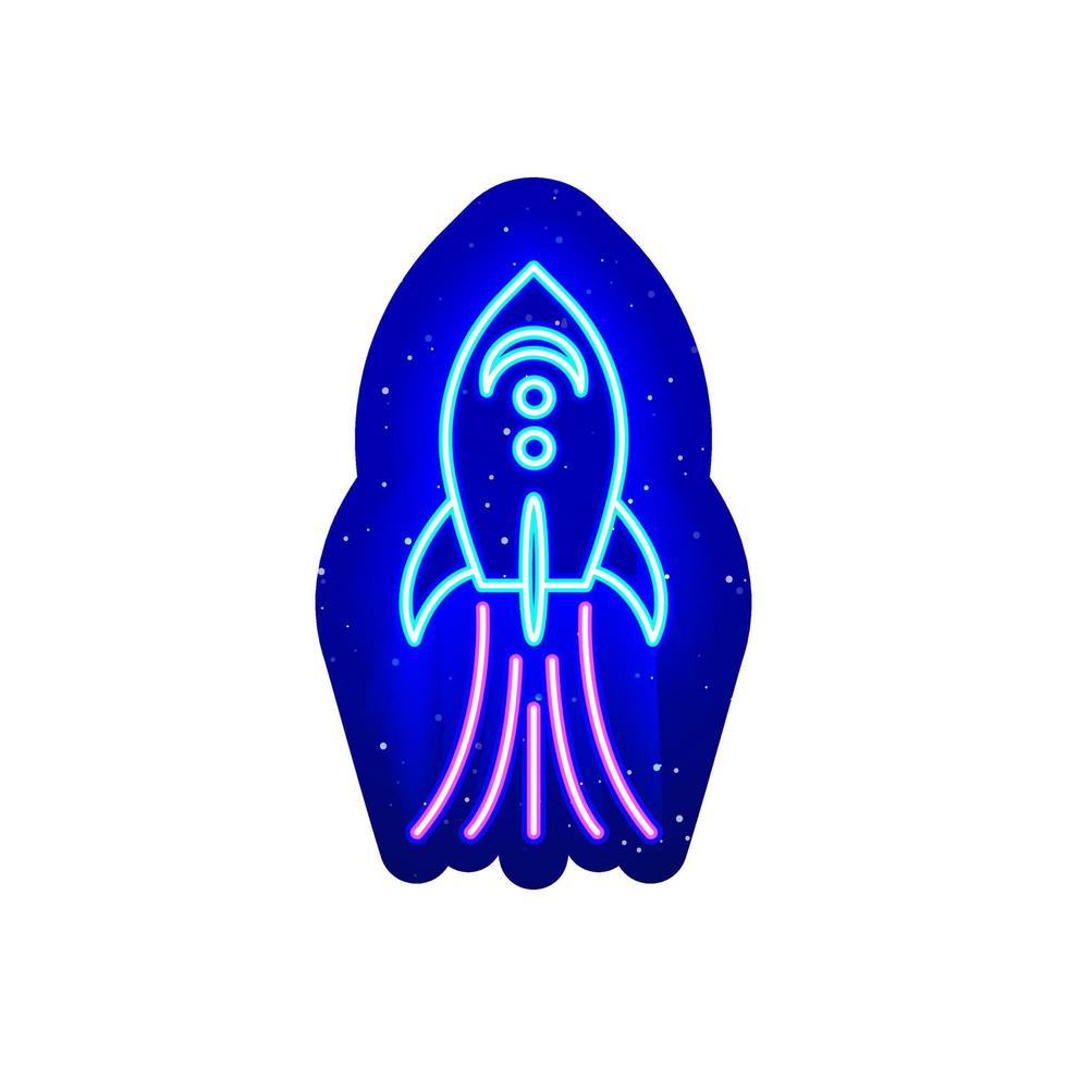 símbolo de ícone de foguete espacial colorido neon. azul da meia noite. design de foguete no céu neon. ícone de néon realista. há área de máscara em fundo branco. vetor