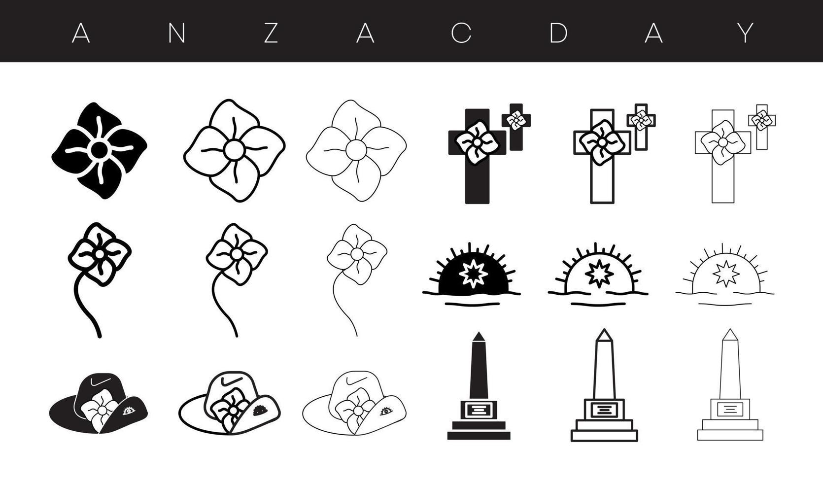 anzac day projeta conjunto de ícones. papoula, memorial, boné do exército, conjunto de ícones de distintivo, linha editável. vetor