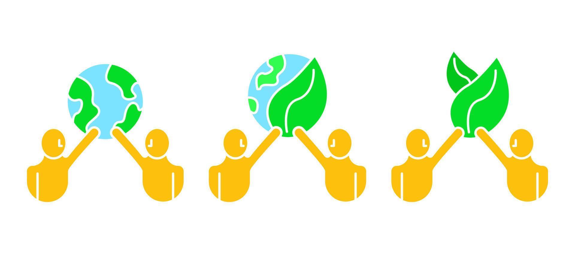 duas pessoas segurando o ícone de folha e terra. homem e planta no mundo. salve a natureza, o dia mundial da planta, a ecologia e o conceito do dia da terra. conjunto de linhas editável. conjunto de ícones coloridos. logo-web, elemento de design de ícone. vetor