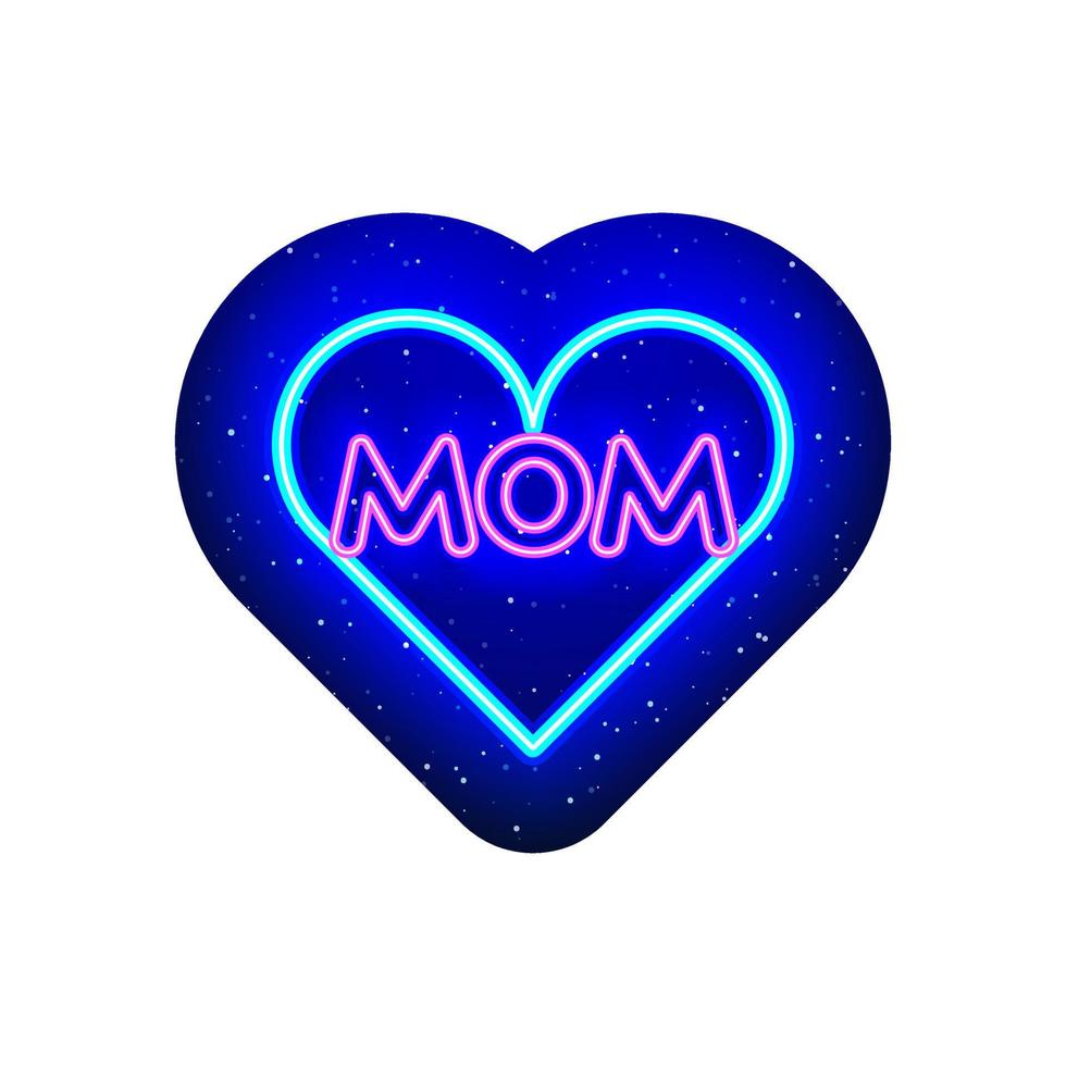 tipo de ícone de letras de mãe de coração rosa e azul neon. ícone do dia das mães. azul da meia noite. ícone de néon realista. show noturno de ícone de símbolo de amor e coração de néon. isolado no fundo branco. vetor