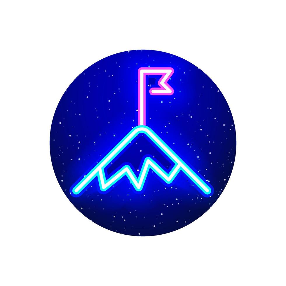 linha de ícone de pico de montanha de cor neon. azul da meia noite. projeto de realização de cúpula com bandeira neon. ícones de modelo de néon realistas. há área de máscara em fundo branco. vetor