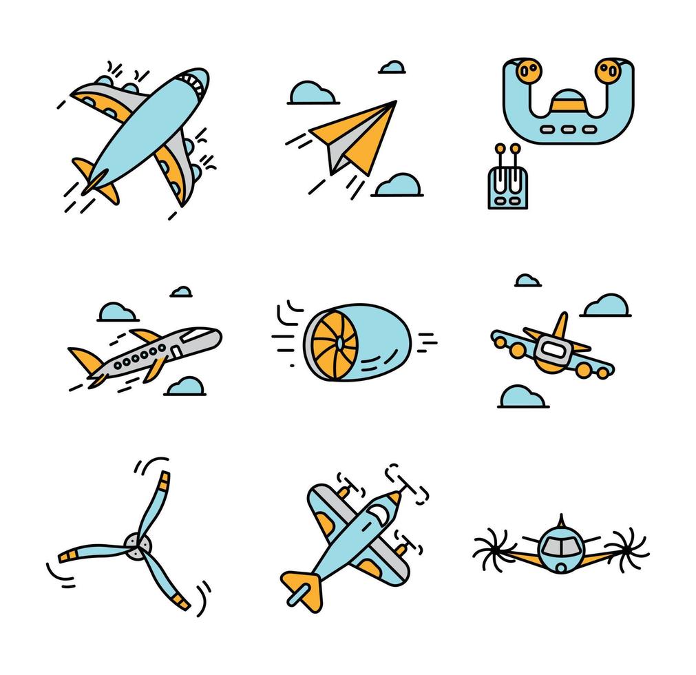 conjunto de ícones coloridos relacionados ao avião. vetor