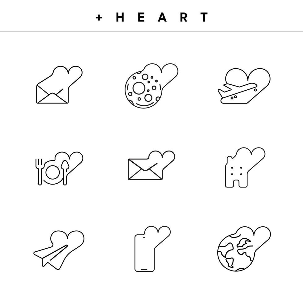 linha de ícone relacionado ao coração. o avião do coração, a letra, o mundo, etc. vetor