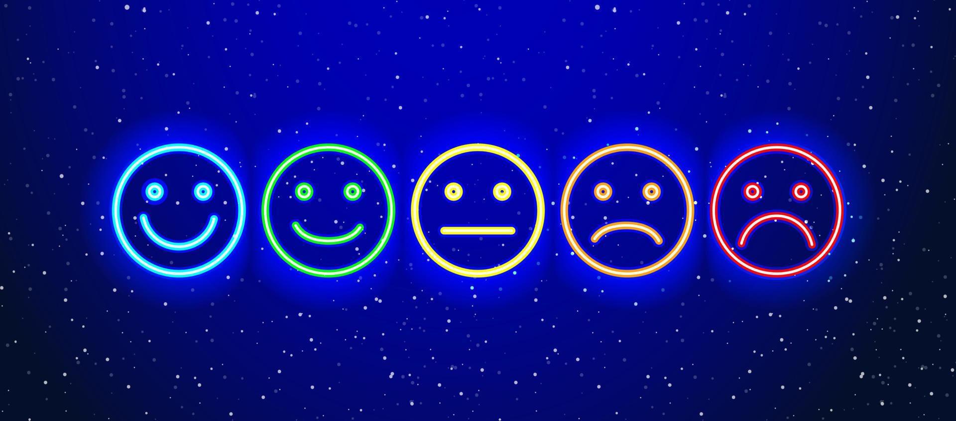 ícone de emoticons coloridos neon. ícone de conjunto de emoticons de choro sorridente neon realista. show noturno de expressão facial neon. isolado no fundo branco. vetor