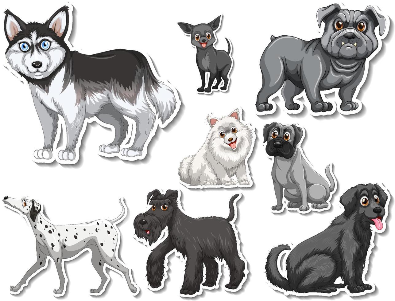 conjunto de adesivos de desenhos animados de cães diferentes vetor