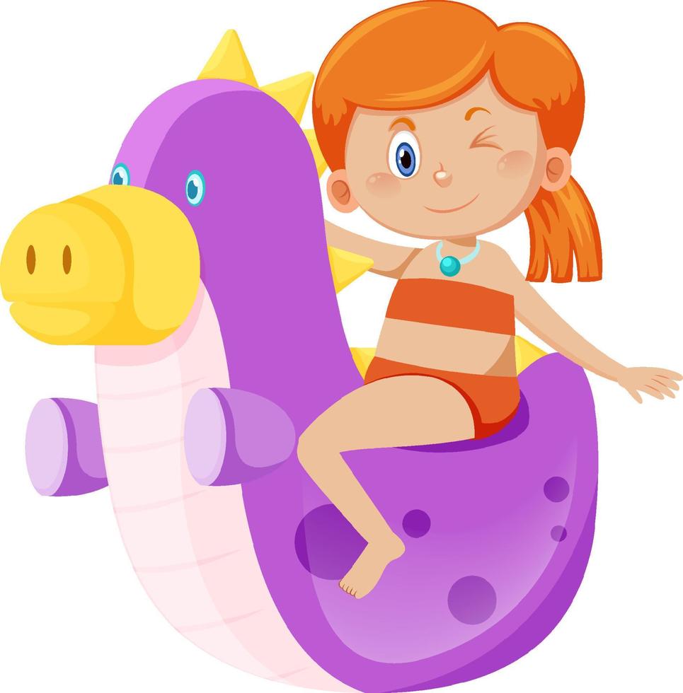 garota em trajes de banho ao lado de dinossauro inflável vetor