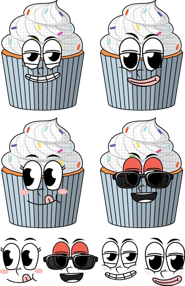 conjunto de desenhos animados de estilo vintage de expressão facial com cupcake no fundo branco vetor