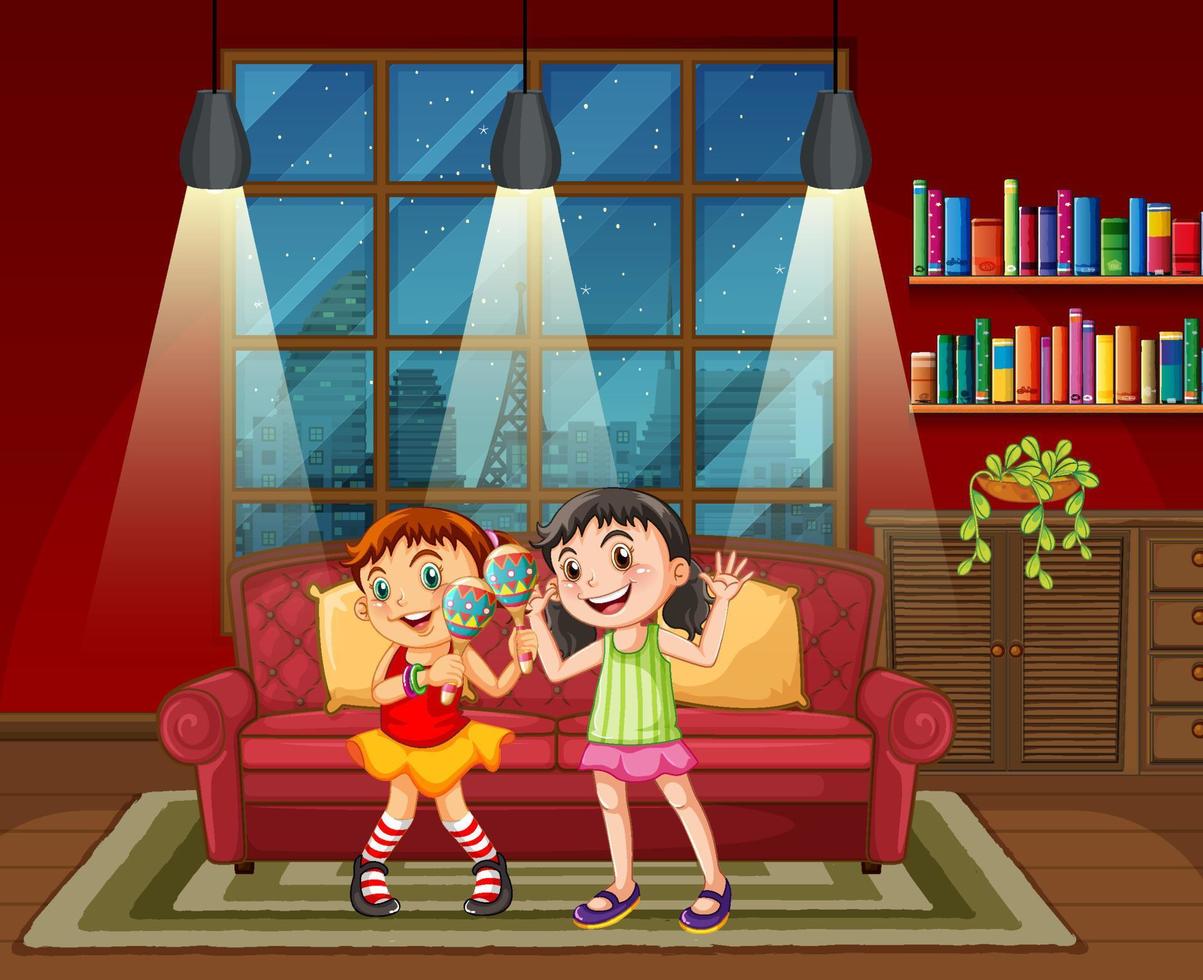 cena de casa com duas meninas tocando música vetor