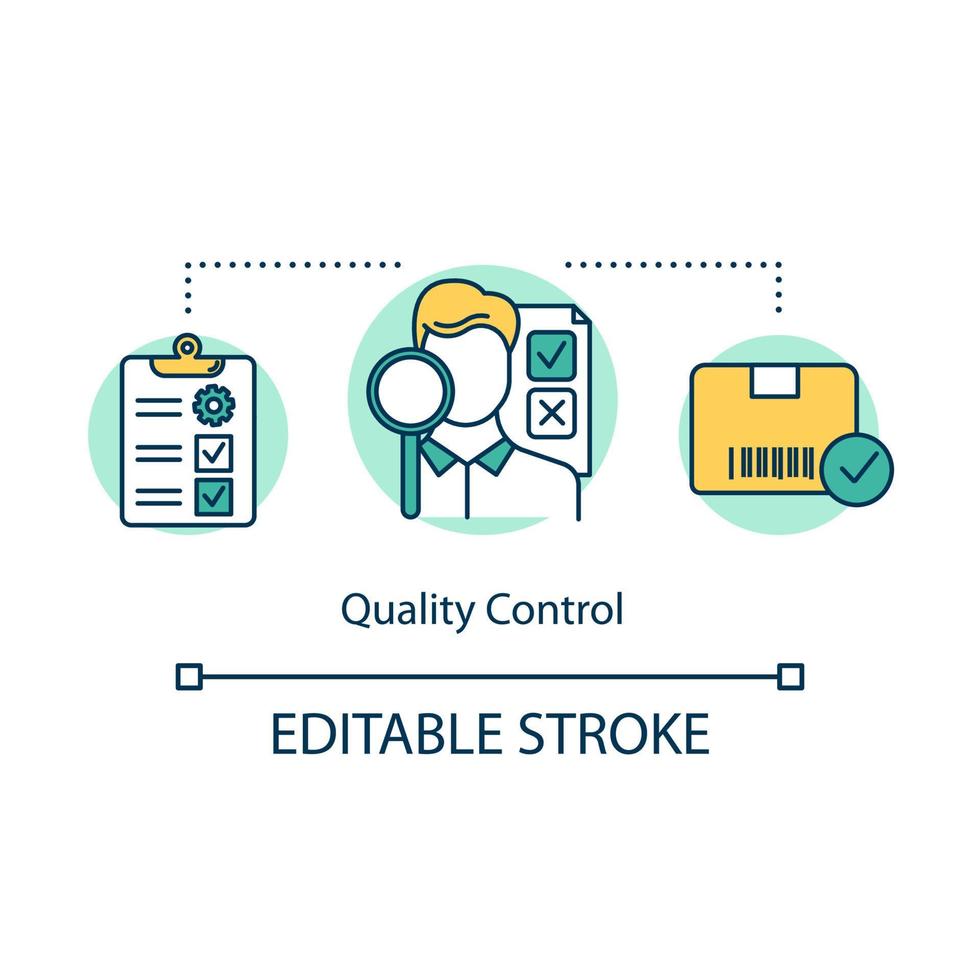 ícone do conceito de controle de qualidade. ilustração de linha fina de ideia de produção local. exame de produtos. verificação do nível de qualidade. desenho de contorno isolado de vetor. traço editável vetor