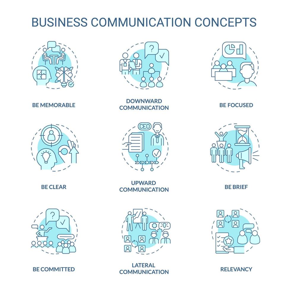 conjunto de ícones de conceito turquesa de comunicação empresarial. ilustração de cores de linha fina de ideia de etiqueta no local de trabalho. desenhos de contorno isolados. traço editável. roboto-medium, inúmeras fontes pró-negrito usadas vetor