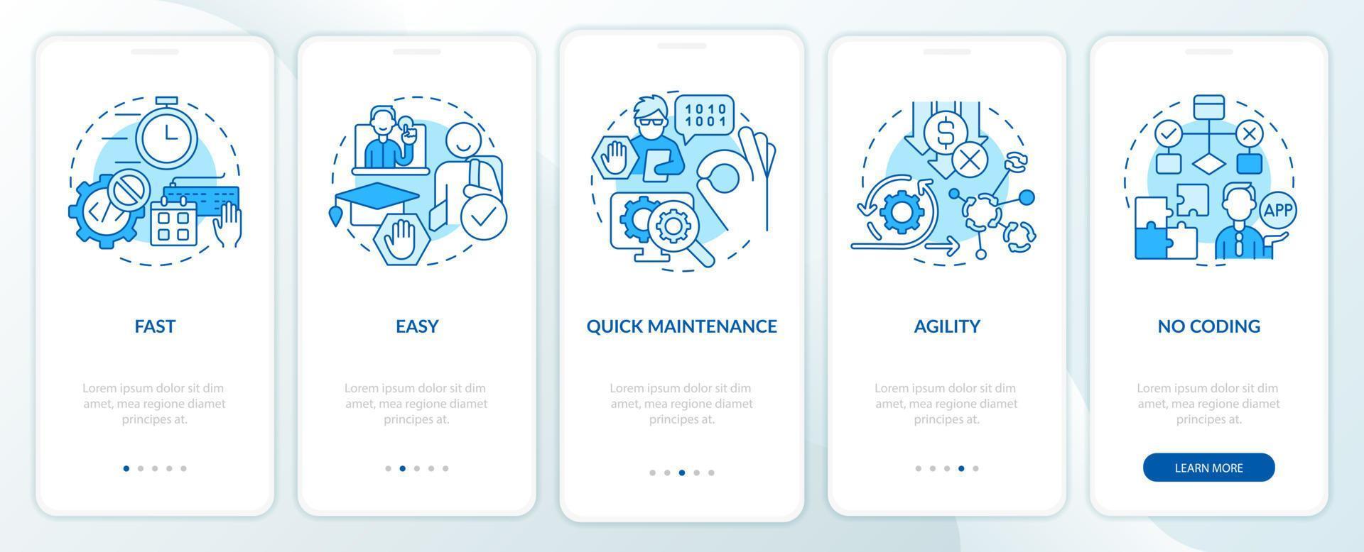 vantagens da tela do aplicativo móvel de integração sem código azul. web 3 0 passo a passo 5 passos páginas de instruções gráficas com conceitos lineares. ui, ux, modelo de gui. uma miríade de fontes regulares pró-negrito usadas vetor