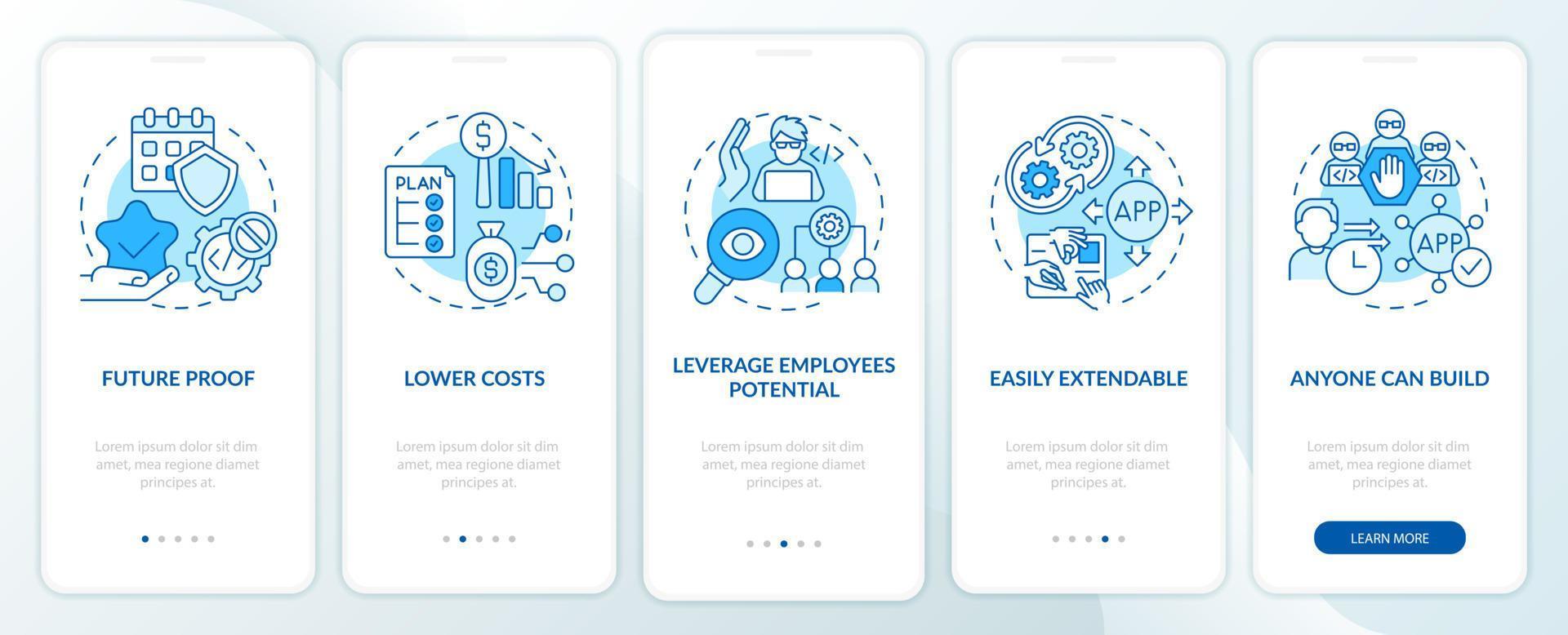 benefícios da tela do aplicativo móvel de integração sem código azul. web 3 0 passo a passo 5 passos páginas de instruções gráficas com conceitos lineares. ui, ux, modelo de gui. uma miríade de fontes regulares pró-negrito usadas vetor