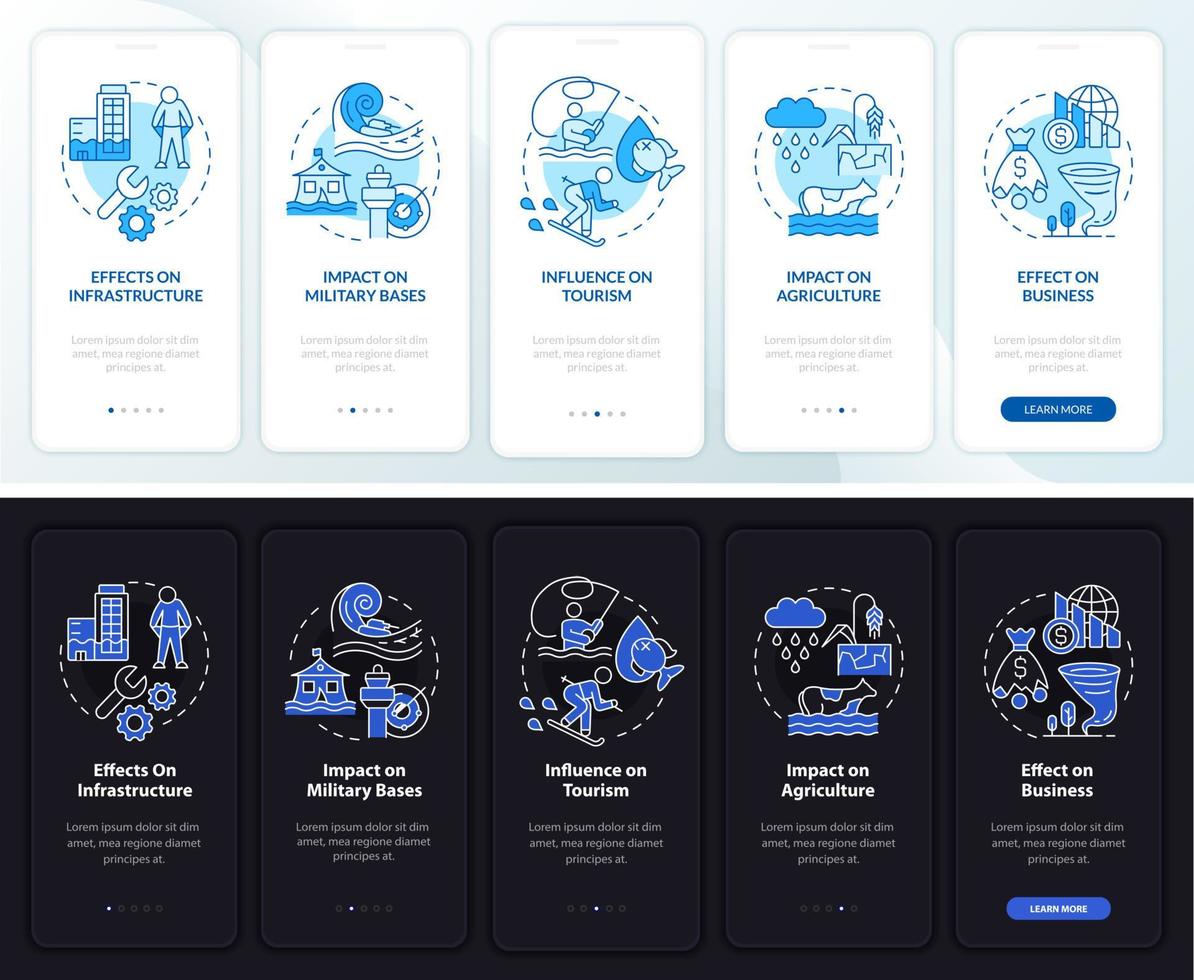 mudança climática e economia noturna, tela de aplicativo móvel integrada no modo diurno. passo a passo 5 passos páginas de instruções gráficas com conceitos lineares. ui, ux, modelo de gui. uma miríade de fontes regulares pró-negrito usadas vetor