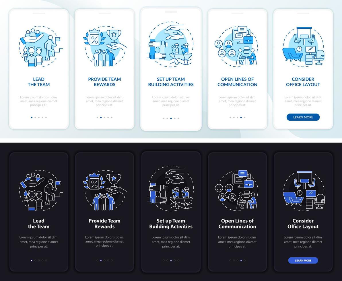 processo de trabalho em equipe modo noite e dia onboarding tela do aplicativo móvel. dicas passo a passo 5 passos páginas de instruções gráficas com conceitos lineares. ui, ux, modelo de gui. uma miríade de fontes regulares pró-negrito usadas vetor