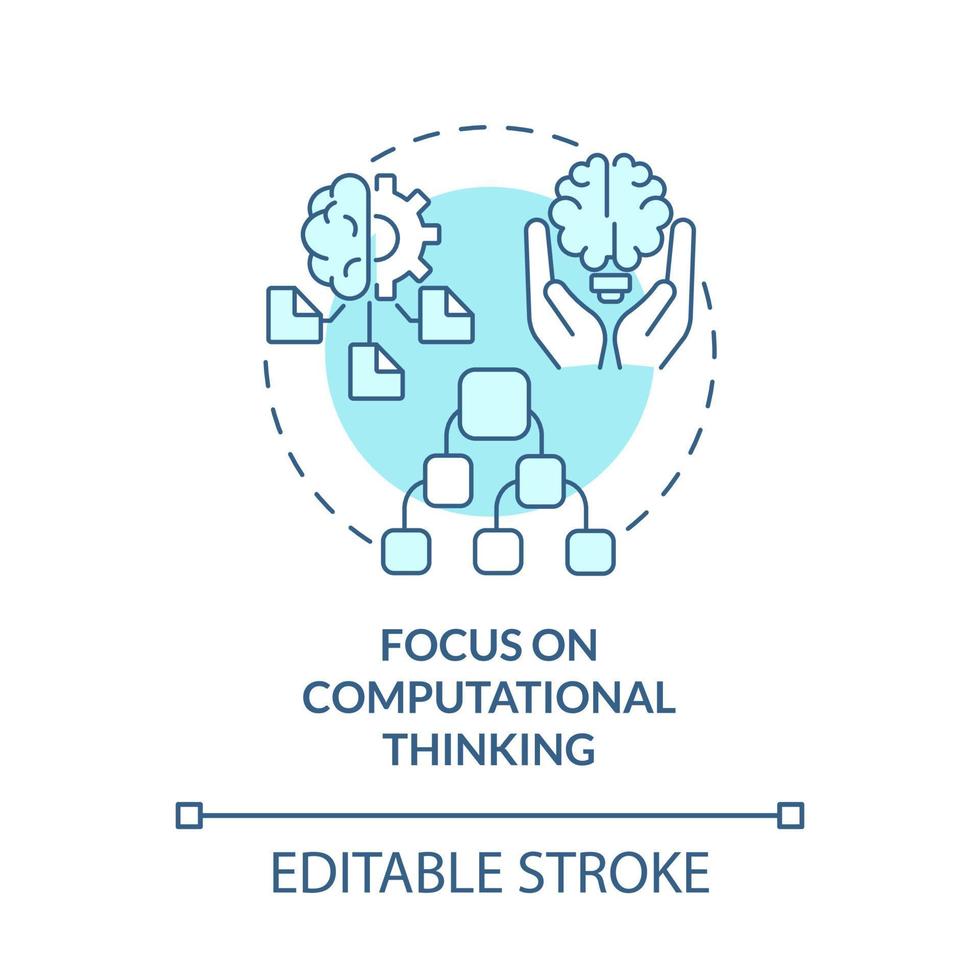 concentre-se no ícone do conceito turquesa do pensamento computacional. programação ilustração de linha fina idéia abstrata. desenho de contorno isolado. traço editável. roboto-medium, inúmeras fontes pró-negrito usadas vetor