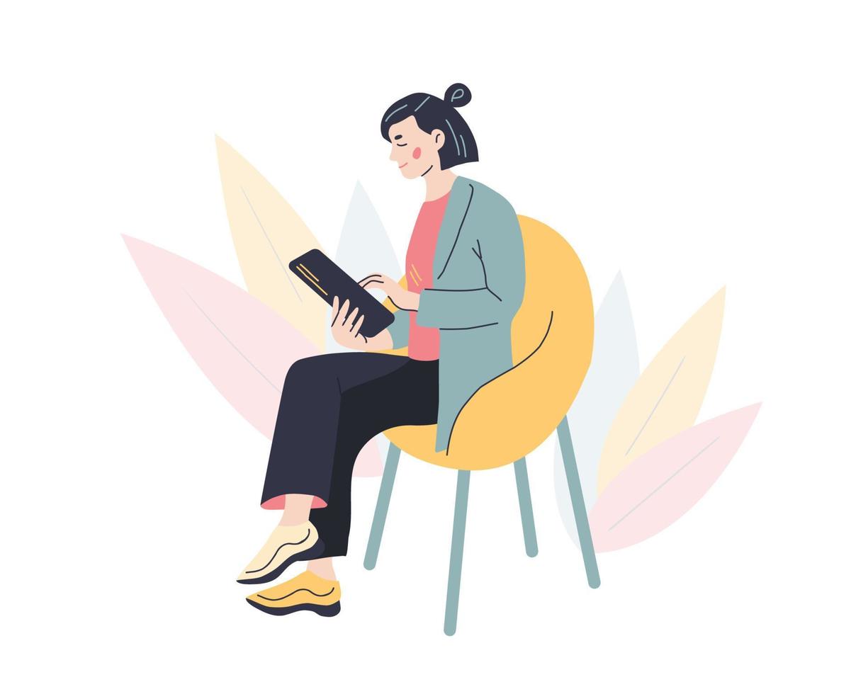 personagem feminina trabalhando em um laptop. escritório em casa ou conceito de pequeno negócio online. ilustração vetorial desenhada à mão vetor