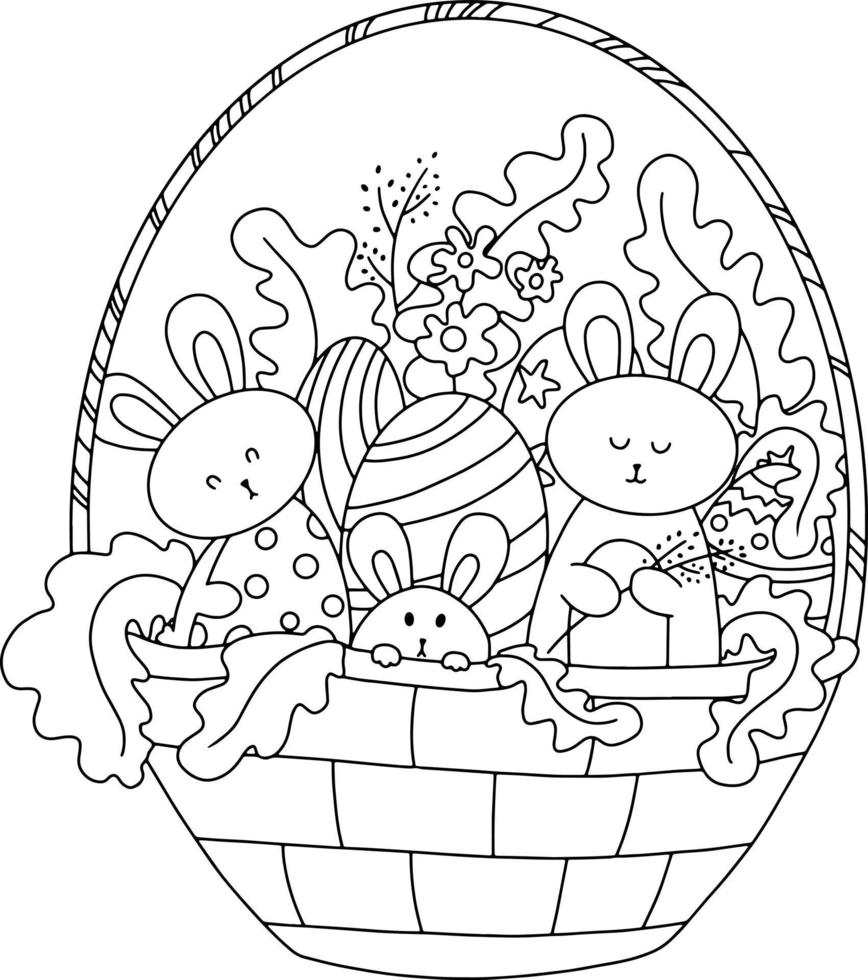 cartão postal vetorial desenhado à mão para colorir de páscoa sobre o tema da páscoa, coelhinhos da páscoa vetor