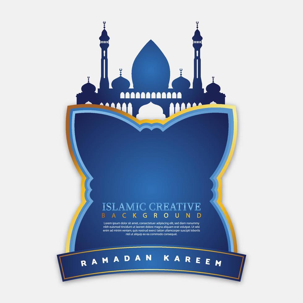 design de cor azul e dourado para caligrafia árabe ramadan kareem com silhueta de mesquita, lua crescente e lanternas islâmicas vetor