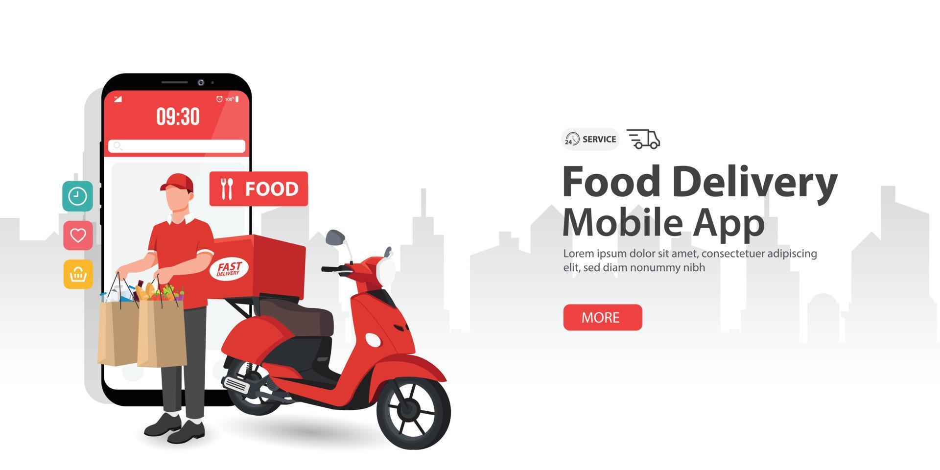 entrega de serviço de entrega de comida e transporte de scooter com um smartphone móvel vetor