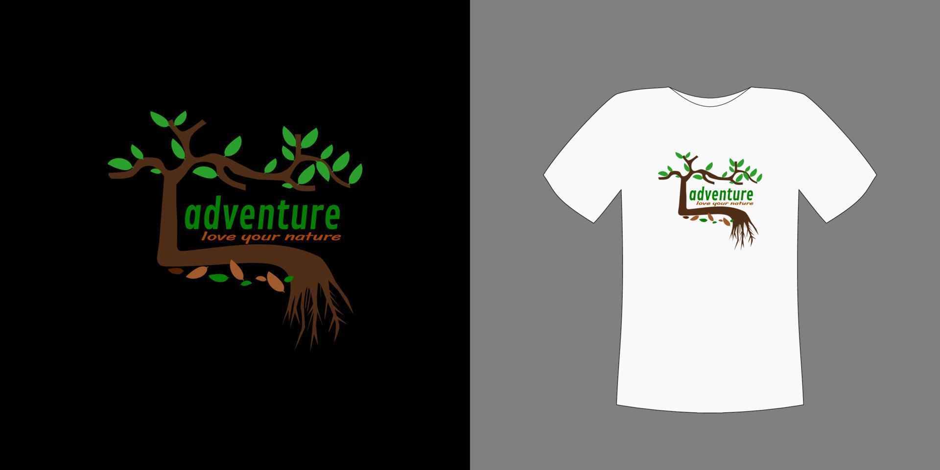 vetor de design de t-shirt, com imagem de árvore em pano escuro ou claro com aventura ama o texto da natureza, personalizável para diferentes cores de fundo
