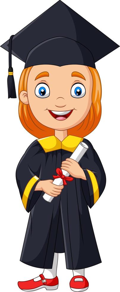 garota dos desenhos animados em traje de formatura segurando um diploma vetor