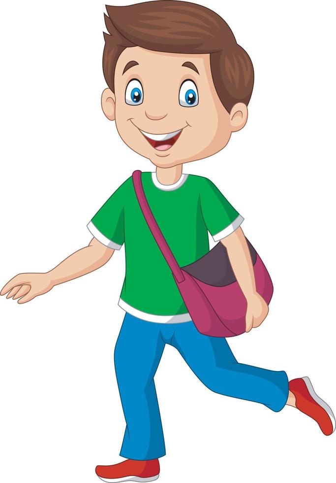 menino de escola feliz dos desenhos animados carregando mochila vetor