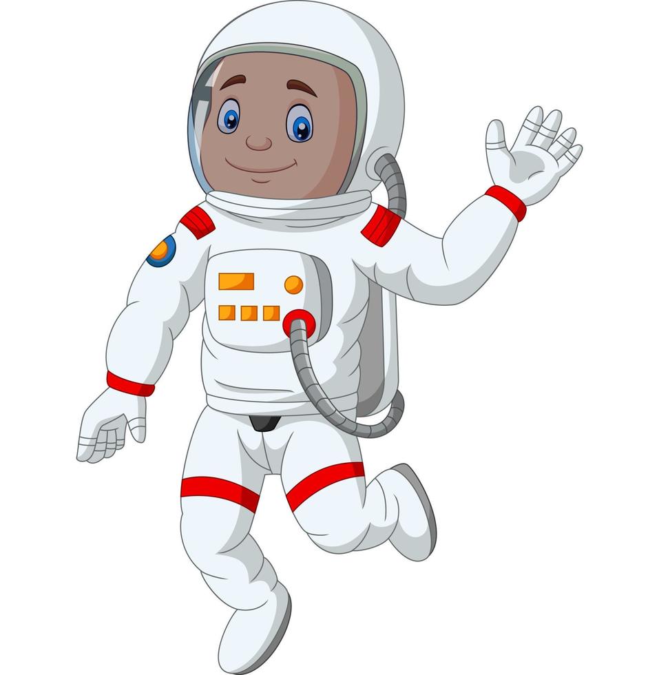 menino dos desenhos animados astronauta acenando com a mão vetor