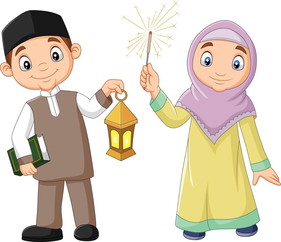 crianças muçulmanas felizes com livro do Alcorão e lanterna do Ramadã vetor