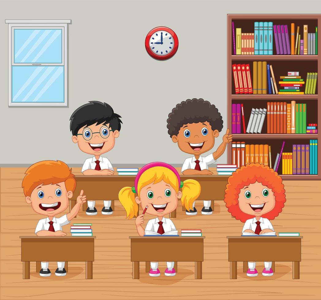 crianças da escola dos desenhos animados, levantando a mão na sala de aula vetor