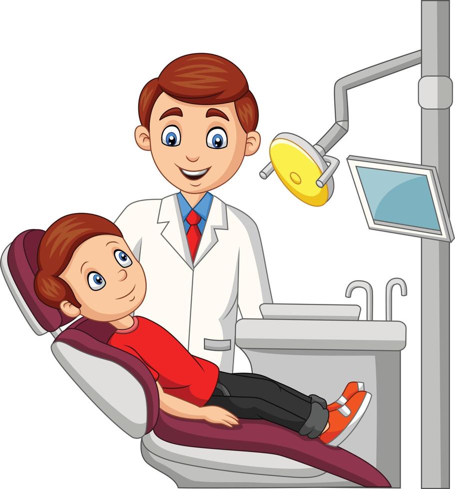 desenho animado garotinho no consultório do dentista vetor