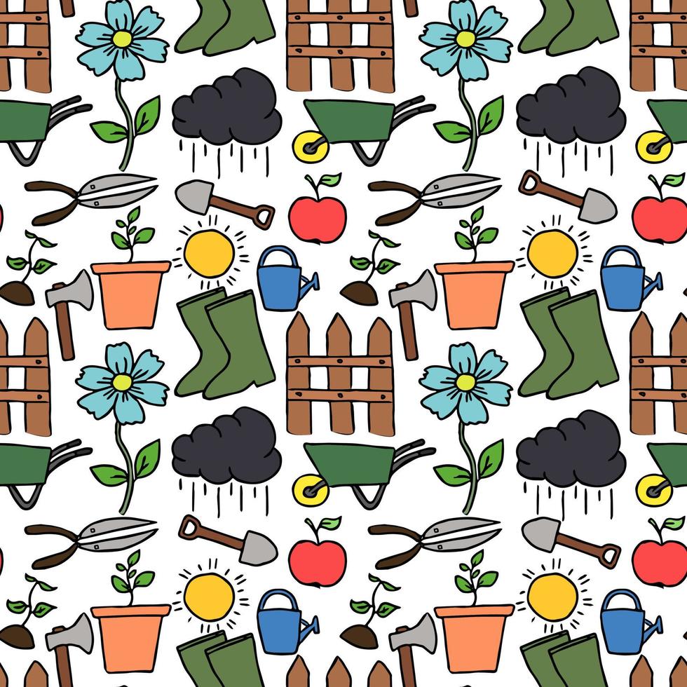 padrão de jardinagem sem costura colorida. doodle vector com ícones de jardinagem. ícones de jardinagem vintage em fundo branco