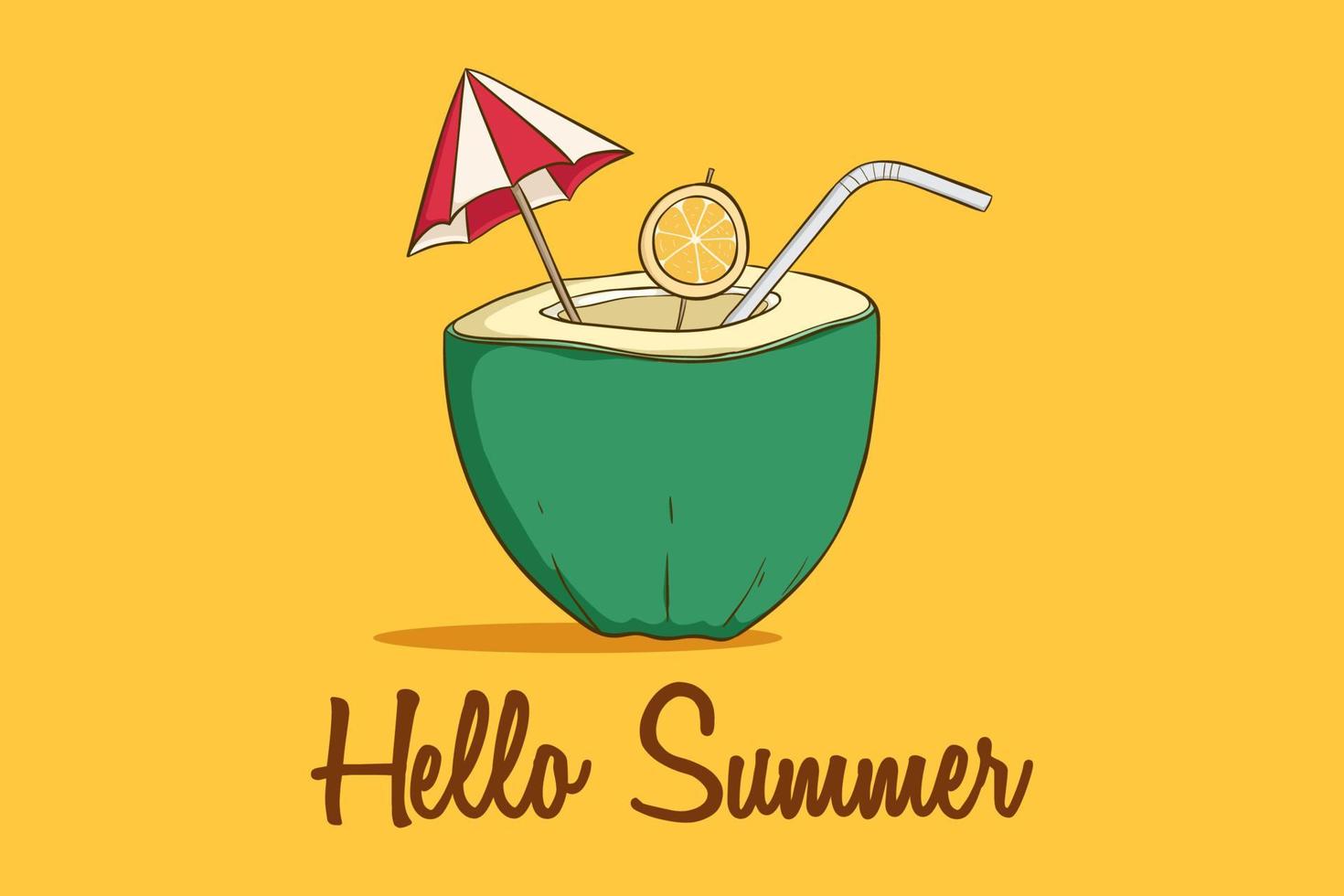 olá verão com bebida de coco em fundo amarelo vetor