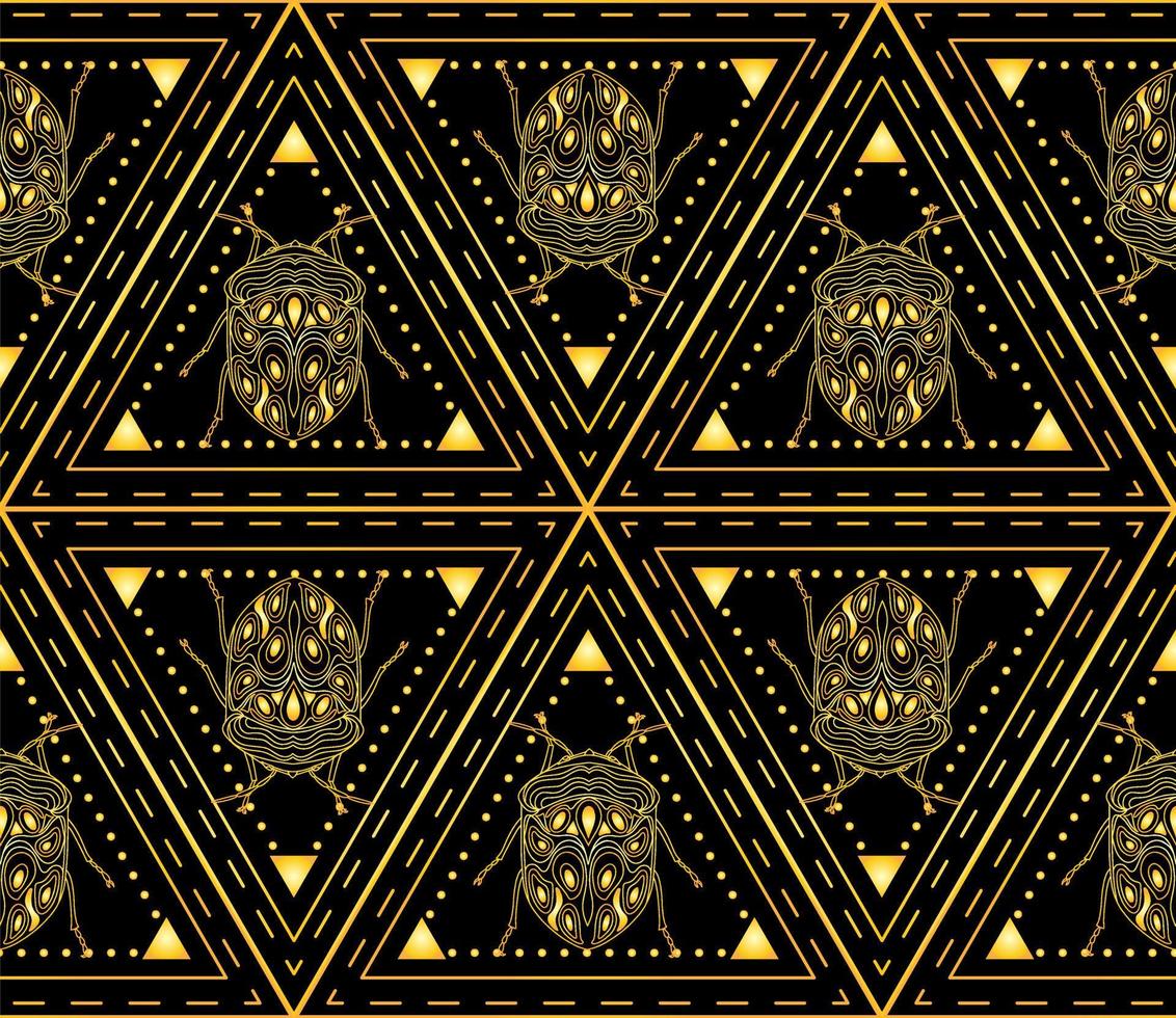 padrão perfeito com besouros dourados em um ornamento triangular vetor