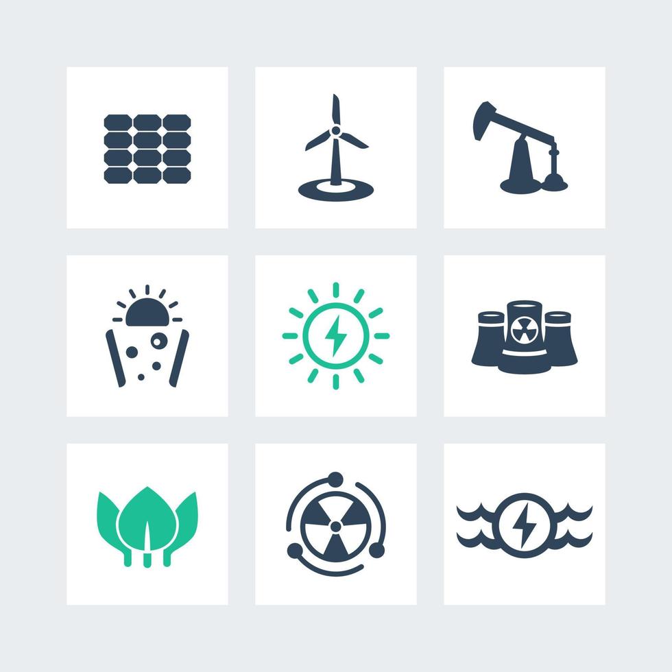 poder, ícones de produção de energia nas praças, energética, diferentes fontes de energia, solar, eólica, energética nuclear, ilustração vetorial vetor
