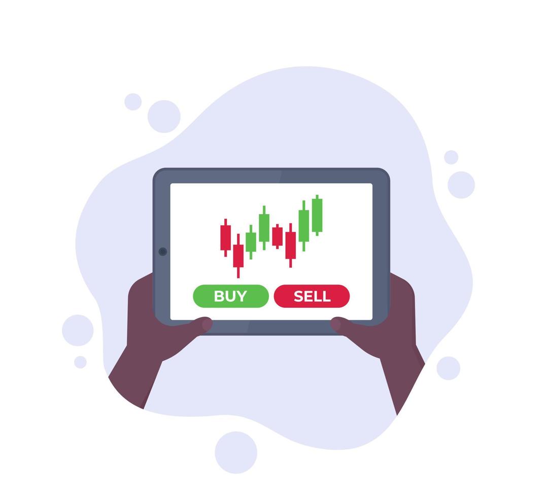 negociação, forex e mercado de ações, tablet nas mãos, vetor