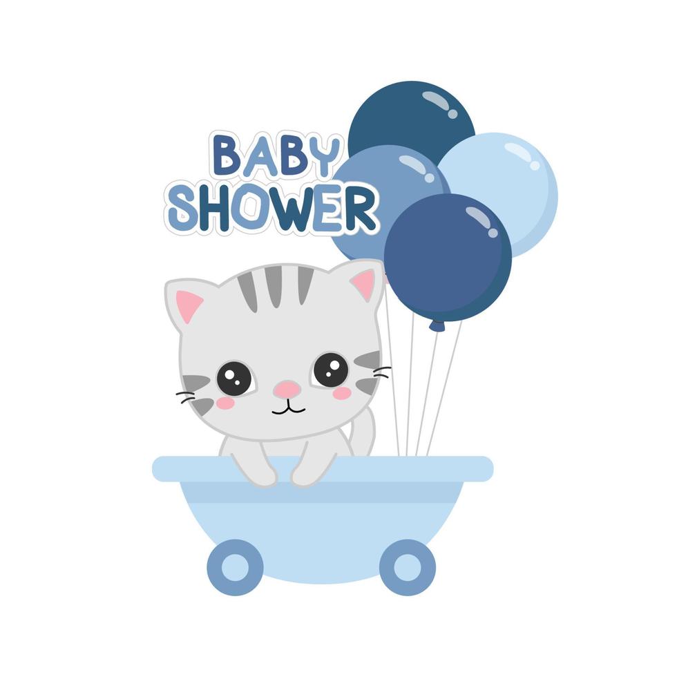 cartão de saudação de chá de bebê com bebê gato e balão. vetor